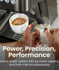 Next Level Semiautomatic Espresso Machine With Dual Boiler Built In Grinder And Precision Steam Wand For Killer Daily Grind Smooth Home Vibe Simultaneous Milk Frothing And Fast Shot Extraction brewing espresso and frothing milk in a kitchen setup.
