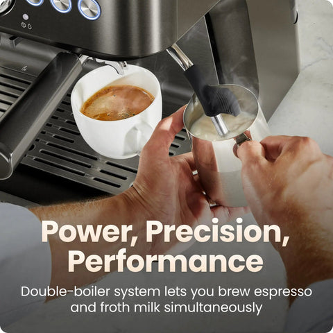 Next Level Semiautomatic Espresso Machine With Dual Boiler Built In Grinder And Precision Steam Wand For Killer Daily Grind Smooth Home Vibe Simultaneous Milk Frothing And Fast Shot Extraction brewing espresso and frothing milk in a kitchen setup.