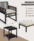 Dimensions of Chill Outdoor 5 Piece Wicker Rattan Conversation Set with cushioned armchair, ottoman, and dual-layer table.