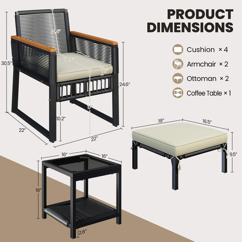Dimensions of Chill Outdoor 5 Piece Wicker Rattan Conversation Set with cushioned armchair, ottoman, and dual-layer table.