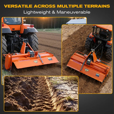 53 Inch 3 Point Rotary Tiller Attachment for Cat 1 Tractors 20-30HP, 540 RPM PTO Driven Cultivator operating on field