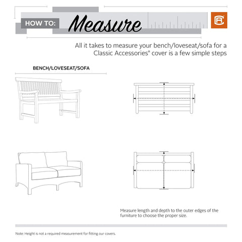 Diagram showing how to measure a bench or loveseat for cover fitting with labeled width and depth dimensions.