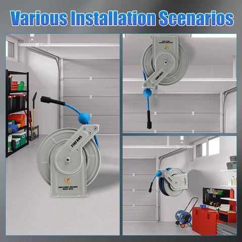 Pressure Washer Hose Reel With Retractable Hose, Sixty Foot Long One Quarter Inch Core, Auto Rewind, Wall Mounted Workhorse setup