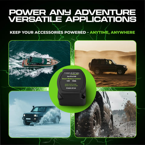 Dual Battery Isolator Kit 12V with 140 Amp Voltage Sensitive Relay in various vehicle setups