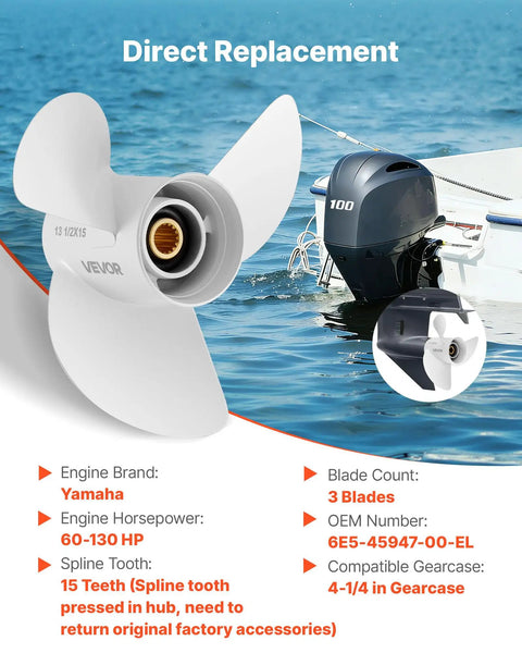 Beefed-Up Aluminum Corrosion-Resistant Outboard Propeller For Yamaha 60-130 HP, 4-1/4 Gearcase, 3-Blade RH Rotation, Direct OEM Replacement, Marine-Grade Propeller side view with engine details and installation diagram.