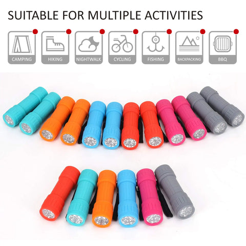 18 Pack 9 LED Mini Flashlights With AAA Batteries Included And Pre Installed in assorted colors, versatile for multiple activities.