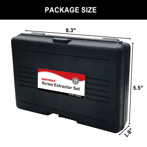 Beast-Ready Heavy Duty 26 Piece CR-MO Screw Extractor Set case with dimensions, 8.3 x 5.5 x 1.8 inches, for storage.