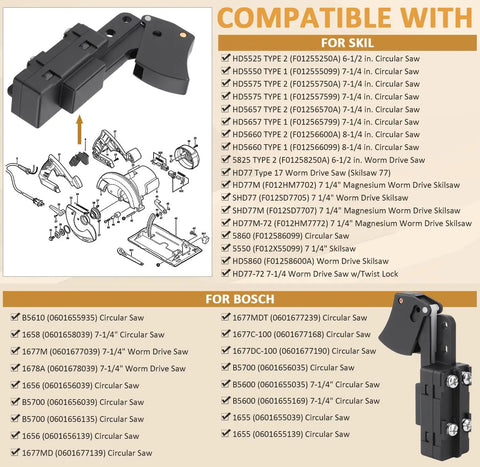 Real Tough SW77 Trigger Switch Replacement For Skil Bosch Ryobi Ridgid Worm Drive Circular Saws wiring diagram and compatibility list.
