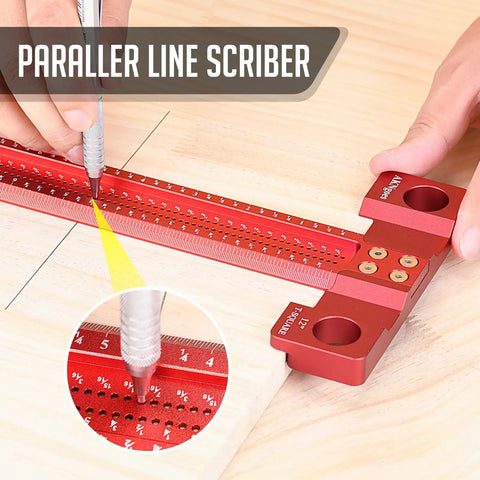 Pro Grade Woodworking Scriber T-Square Ruler 12in With Thoughtful Support Lips for Stable Squaring, layout on wood surface
