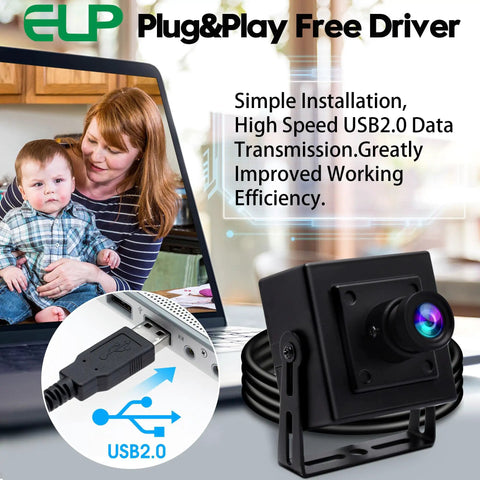 5 Megapixel USB Camera Workhorse With 3.6mm Fixed Lens For Machine Vision And Engraving shown with USB cable