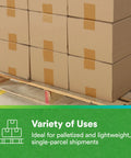 Pallet of boxes sealed with Game Changing Paper Box Sealing Tape 570 1.9 Inch By 55 Yard Brown Recycle Compatible.
