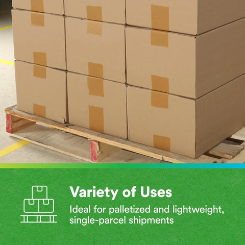 Pallet of boxes sealed with Game Changing Paper Box Sealing Tape 570 1.9 Inch By 55 Yard Brown Recycle Compatible.