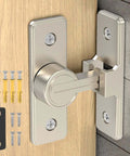 Heavy Duty 90 Degree Barn Door Lock With Zinc Alloy Build, nickel finish, mounted on wood with screws and hardware included