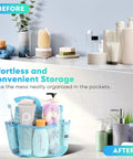 Mesh Shower Caddy Portable With Eight Pockets Large Capacity Quick Dry Easy Clean Organizer with toiletries displayed.