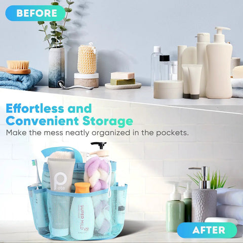 Mesh Shower Caddy Portable With Eight Pockets Large Capacity Quick Dry Easy Clean Organizer with toiletries displayed.