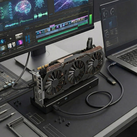 Next Level 80Gbps eGPU Enclosure For Thunderbolt 5 And USB4 Systems, showcasing GPU dock setup with laptop and monitor.