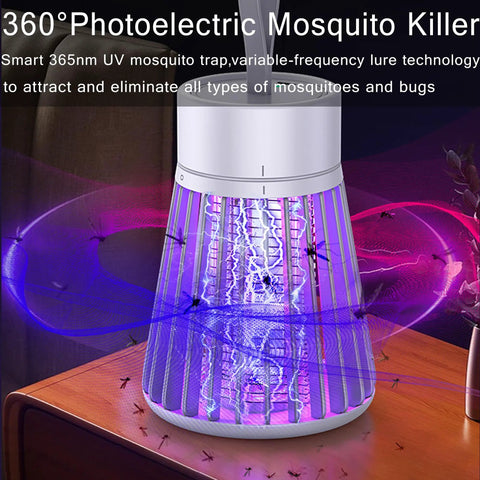 Rechargeable Indoor And Outdoor Bug Zapper With 600V Grid And 365Nm UV Light on table emitting 360-degree coverage