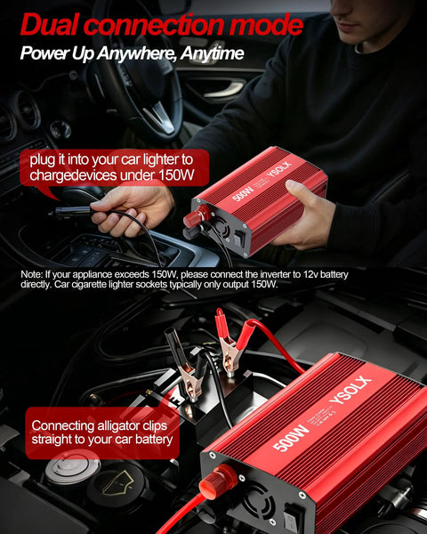Person connecting Portable 300W Car Inverter Power Converter From 12V DC To 110V AC with alligator clips to a car battery