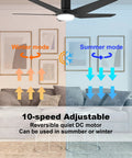 52 Inch Black Ceiling Fan With Lights For Indoor And Outdoor Use Remote Control Smart Fan showing winter and summer modes