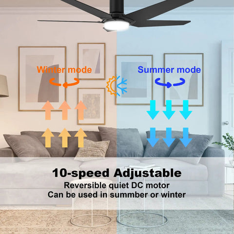 52 Inch Black Ceiling Fan With Lights For Indoor And Outdoor Use Remote Control Smart Fan showing winter and summer modes