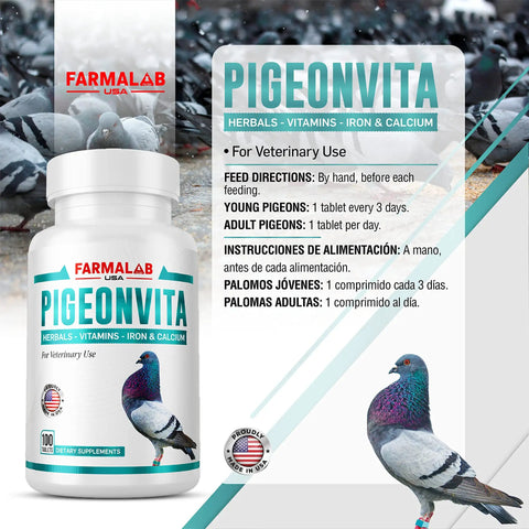 Bottle of Pigeonvita supplements with pigeons, contains Vitamin B12 5500 Mcg With Iron Pigeon Supplement For Health And Performance