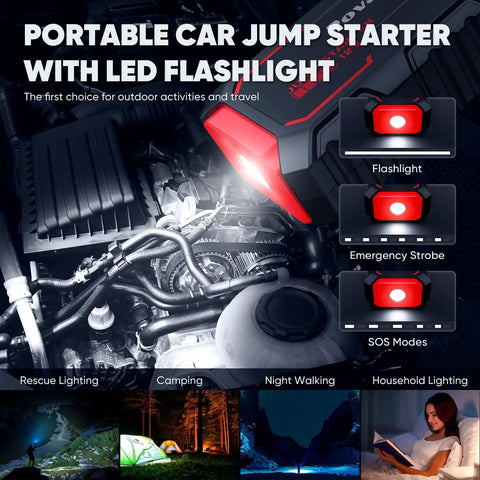 5000A Car Jump Starter A30 12V Jump Box Portable Power Bank With LED light near car engine showcasing flashlight modes