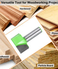 Bottom Cleaning Router Bit With Half Inch Shank Carbide Tipped One And Three Eighths Inch Diameter Depth About Three Quarters Of An Inch For Spoilboard Surfacing And Slab Flattening Pro Grade CNC Woodworking Mortising Bit with different wood types background.