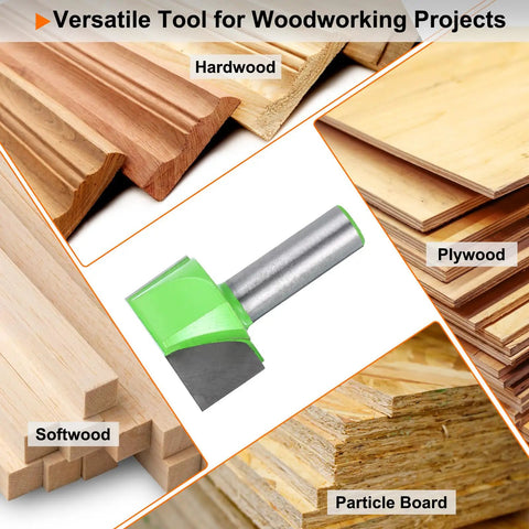 Bottom Cleaning Router Bit With Half Inch Shank Carbide Tipped One And Three Eighths Inch Diameter Depth About Three Quarters Of An Inch For Spoilboard Surfacing And Slab Flattening Pro Grade CNC Woodworking Mortising Bit with different wood types background.