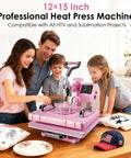 5 In 1 Heat Press 12x15 Swing Away Sublimation Machine For T Shirts Hats And Garments With Teflon Sheets Aluminum Heating Plate Safe Precise Printing Every Time, pink 12x15 heat press with family