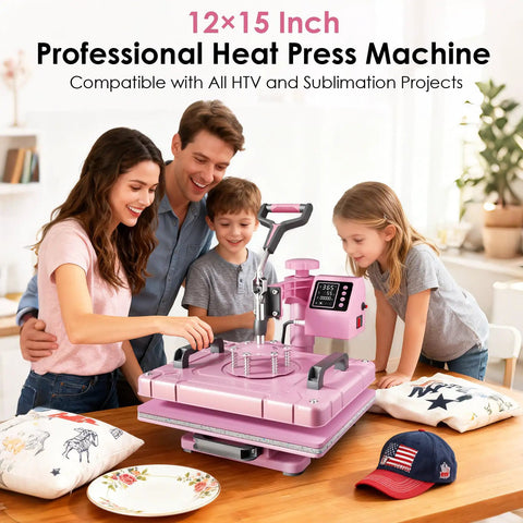 5 In 1 Heat Press 12x15 Swing Away Sublimation Machine For T Shirts Hats And Garments With Teflon Sheets Aluminum Heating Plate Safe Precise Printing Every Time, pink 12x15 heat press with family