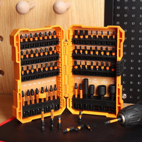 63-Piece Impact Driver Bit Set With S2 Steel, Color-Coded Torx Bits, Magnetizer And Magnetic Bit Holder in open case