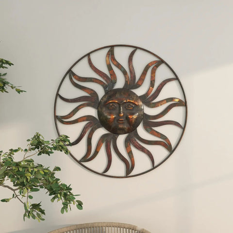Metal Sun Face Wall Decor 36 Inch Round Wall Sculpture With Colorful Painted Accents For Indoor Outdoor Use Rustic Timeworn Brown Finish Open Frame Sun Rays No Assembly Required