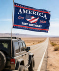 Patriotic 3x5 Ft Double Sided Three Layer American Flag For Outdoors And Indoors on vehicle in desert, 250th anniversary