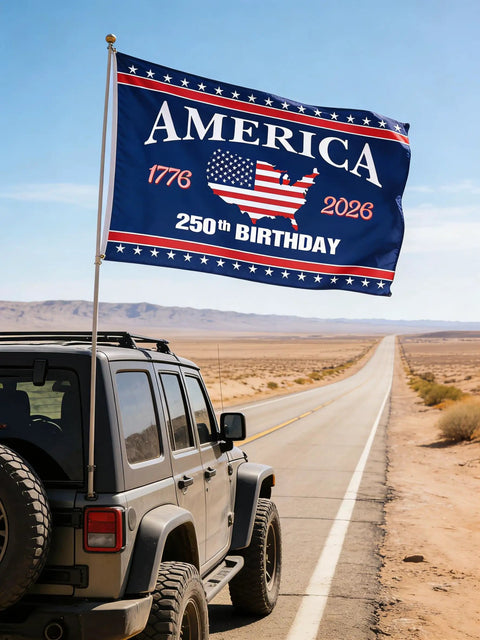 Patriotic 3x5 Ft Double Sided Three Layer American Flag For Outdoors And Indoors on vehicle in desert, 250th anniversary