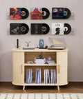 Large Record Player Stand With Power Outlets And Led Lights displaying records, holding audio gear, fluted wood panels, vinyl storage