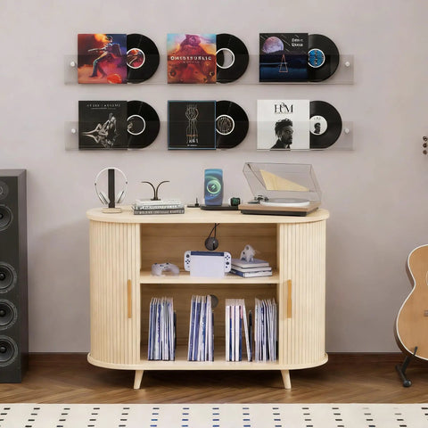 Large Record Player Stand With Power Outlets And Led Lights displaying records, holding audio gear, fluted wood panels, vinyl storage