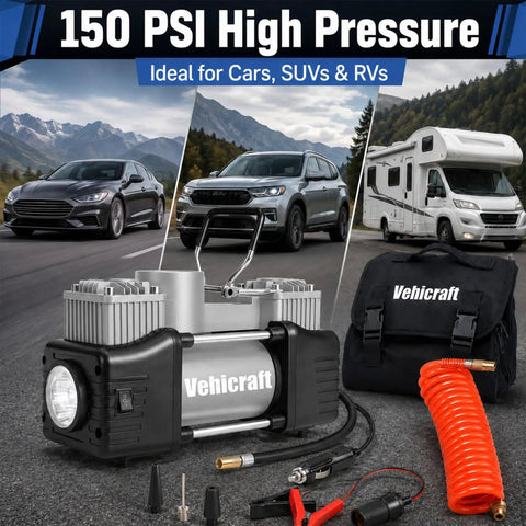 This slick 12V Tire Inflator Is A Total Game Changer With Its Fast Dual-Cylinder Pump That Delivers Up To 150 PSI Of Rock Solid Air Pressure For Your Car, Truck, SUV Or RV Making It The Ultimate Portable Emergency Tool Everyone Needs