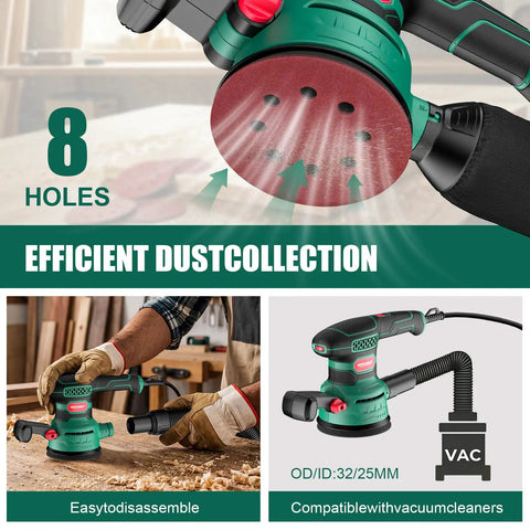 Heavy Duty 5 Inch Random Orbital Sander With 3.8 Amp 450W Motor And Variable Speed Up To 12000 Rpm demonstrating efficient dust collection features.