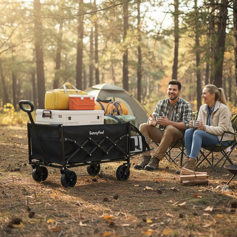 Heavy Duty Foldable Wagon Cart With Tailgate Extension For Extra Space 330 Lb Capacity All Terrain Wheels in campsite