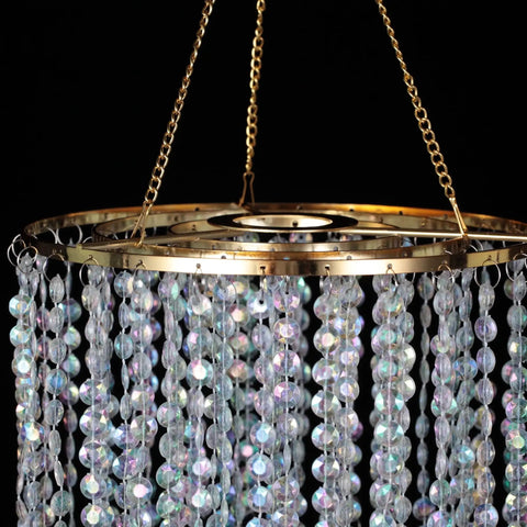 Close-up of beaded acrylic chandelier pendant light with gold frame, 3-tier lampshade, 12.9x8.7 in, no wiring required.
