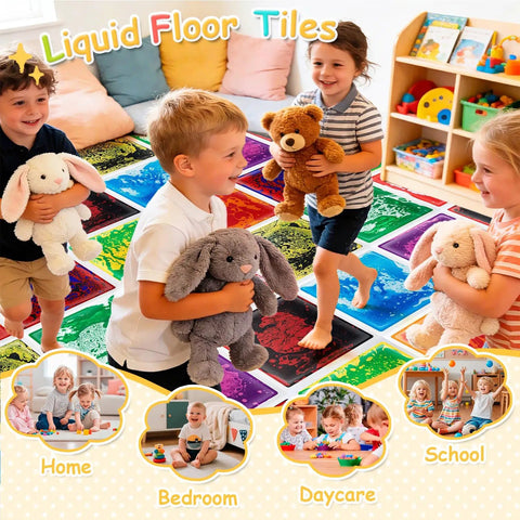 Children playing on Liquid Sensory Colorful Floor Tiles Pack Of 4 11.8 Inch Square Dance Floor Tiles in a playroom setting.