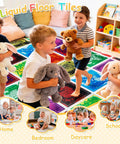 Children playing on Liquid Motion Floor Tiles Set 11.8 Inch Square Colorful Cosmic Colors That Move With Every Step No Install Needed Safe For Kids 6 Piece Decorative Floor Tiles.