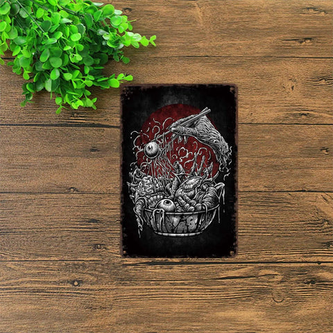 Funny Vintage Metal Sign Totally Rad Scary Ramen Bone Appetit Tin Wall Art 8 By 12 Inch Poster for home kitchen office decor.