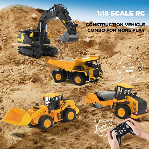1:18 scale RC construction vehicles, including 9-channel remote control wheel loader, dump truck, excavator on sandy terrain.