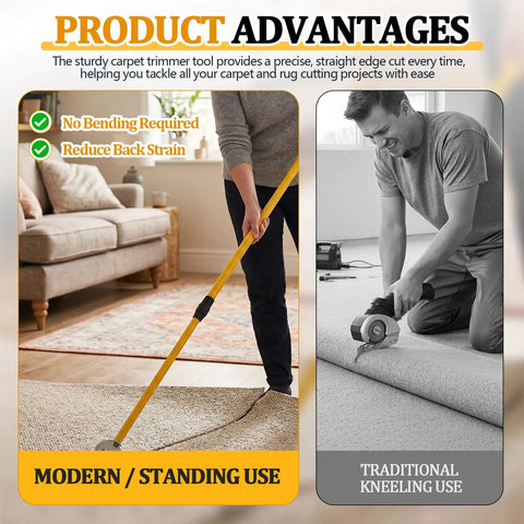 Stand Up Carpet Cutter Tool With 4 Replacement Blades Heavy Duty Roller Telescoping Fiberglass Handle Extends 50 To 85 Inches For Glue Down Removal And Rug Cutting For Pros And DIYers, standing use