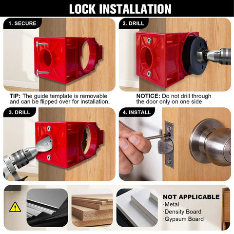 Essential Door Hinge Jig And Lock Installation Kit in use, showing the secure drill template for lock installation.