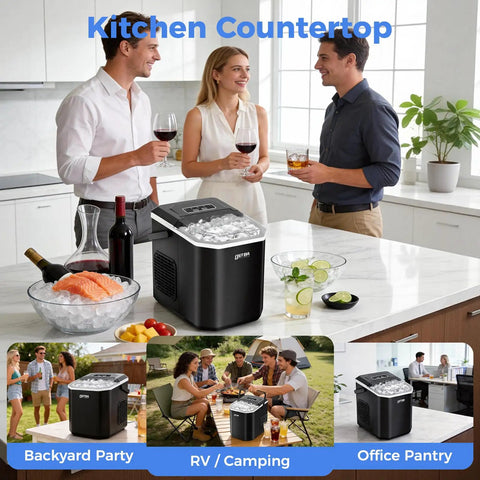 Portable Countertop Ice Maker That Cranks Out Bullet Ice In 6 Minutes, 9 Cubes Per Batch, Up To 26 Lbs Per Day on kitchen counter.