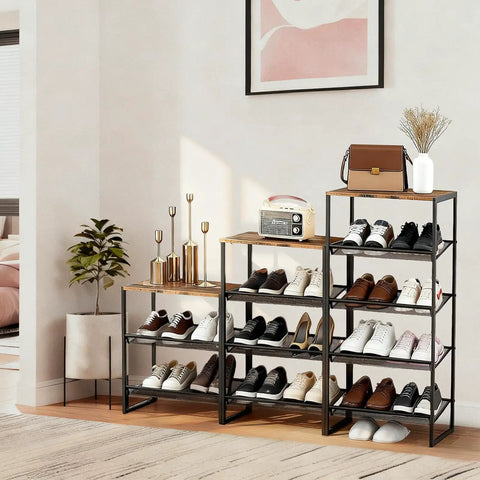 Sturdy 5 Tier Metal Shoe Rack Workhorse With Rust Proof Coating, Steel Frame, MDF Top, adjustable shelves in living area