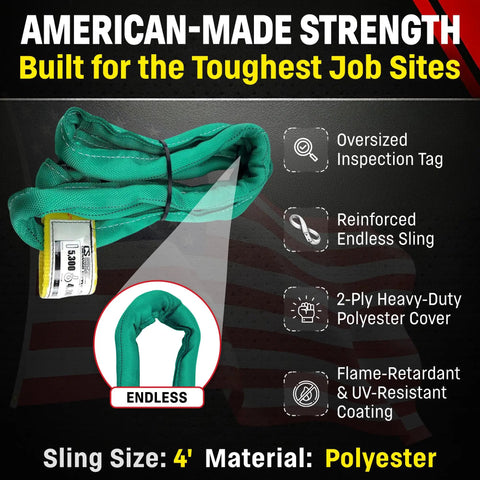 Endless Round Polyester Rigging Sling 30 Foot Green VR2 Heavy Duty Made In USA Ideal For Industrial Lifting And Material Handling 5300 Lb Vertical Load 4240 Lb Choker 10600 Lb Basket Capacity, 4 ft loop