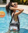 Woman in pool with Go-To IPX8 Waterproof Fanny Pack For Women Up To 8.5 Inches Floating Phone Pouch, displaying phone screen